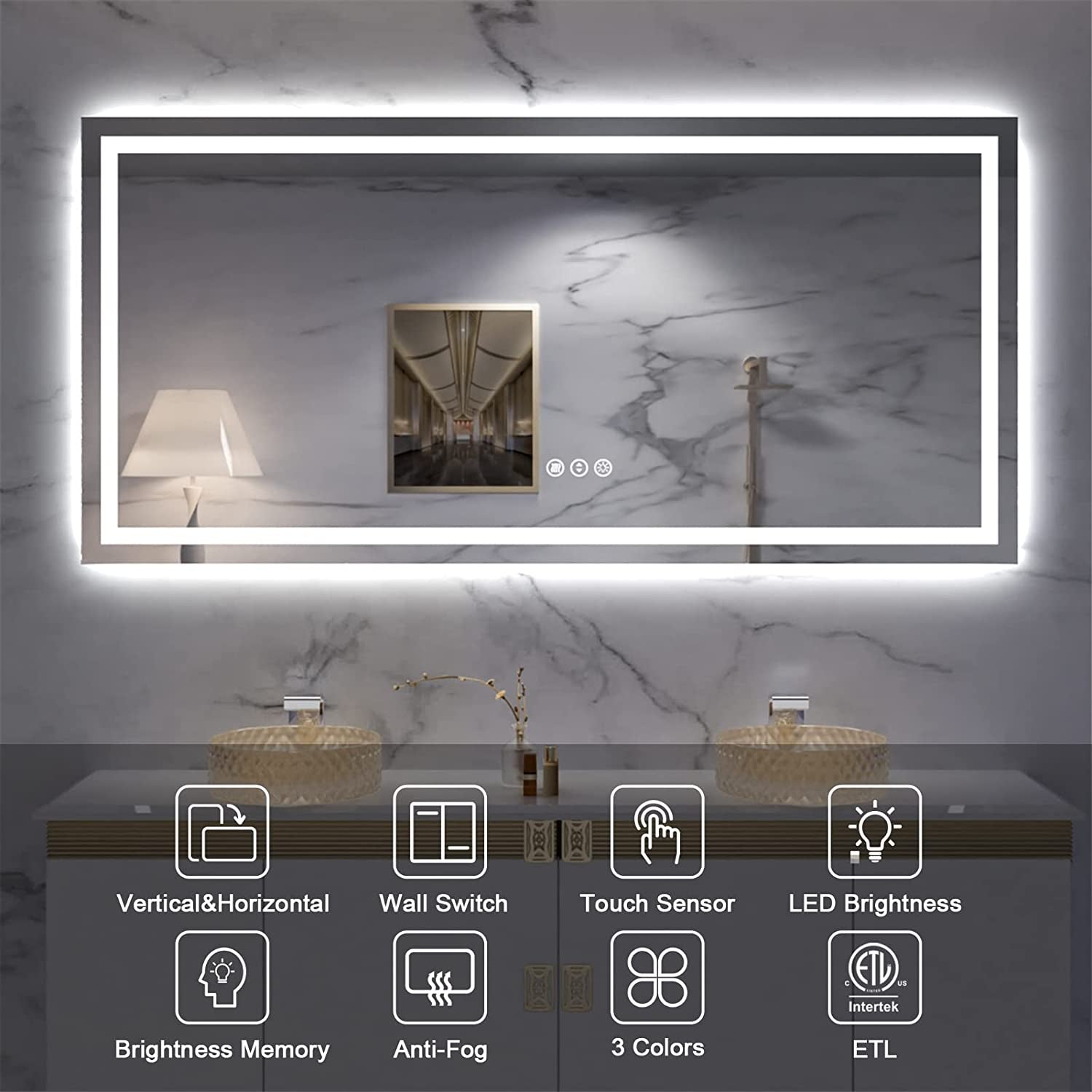 LED Bathroom Mirror, 60" X28" Front-Lit + Backlight Mirror for Wall, Dimmable Vanity Mirrors, Anti-Fog, Memory, 3 Colors Lighting, Shatterproof, ETL Listed
