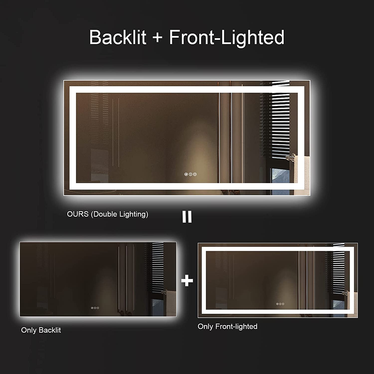 LED Bathroom Mirror, 60" X28" Front-Lit + Backlight Mirror for Wall, Dimmable Vanity Mirrors, Anti-Fog, Memory, 3 Colors Lighting, Shatterproof, ETL Listed